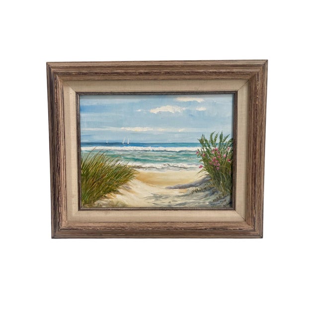 Coastal Vintage Sandy Beach Coastal Scene Original Framed Painting For Sale - Image 3 of 5