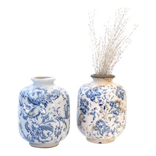 Petite Vintage Inspired Blue and White Floral Pottery Vase For Sale