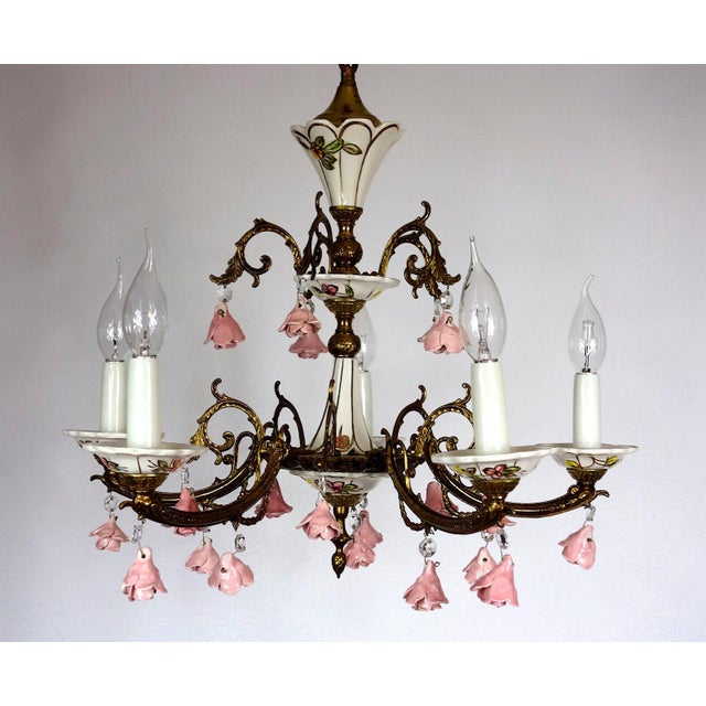 Brass and Porcelain 5-Light Chandelier by Peris Andreu, 1940s For Sale - Image 12 of 16