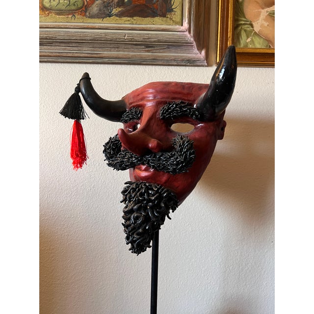 Rare Vintage Decorative Hand Carved & Painted Sculptural Display Mask Representing a Devil For Sale - Image 10 of 13