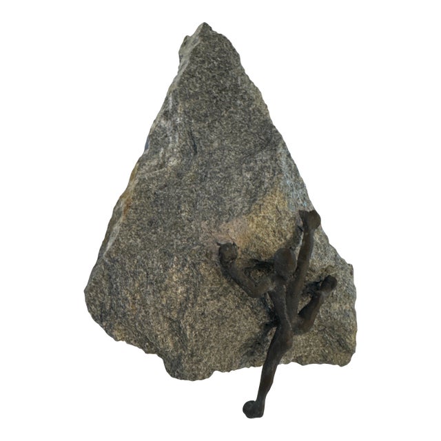 Late 20th Century Bronze Rock Climber Wall Sculpture on Natural Stone For Sale