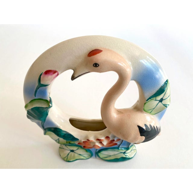 Vintage Art Deco 1940's Japan Art Pottery Hand Painted Flamingo Bird Porcelain Wall Pocket Vase For Sale - Image 9 of 13