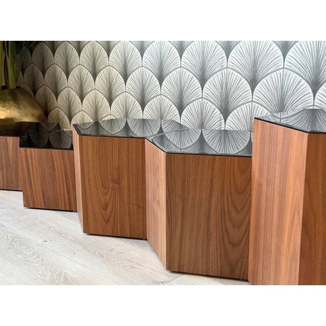 Mid-Century Modern-Style Modular Geometric Hexagonal Walnut and Glass Coffee Table or Pedestal Side Tables Attributed to Modloft For Sale - Image 9 of 11
