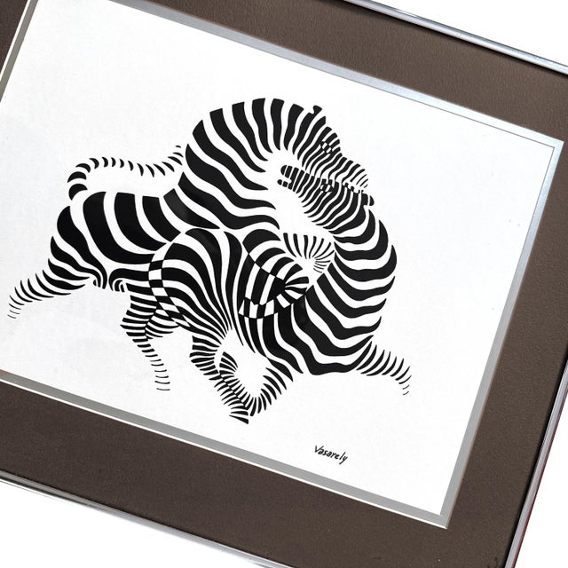 Vintage 1970s Victor Vasarely Zebras II Framed Op Art Serigraph - Mid-Century Modern Optical Art Print W/ Brushed Aluminum Frame - 16" X 20" For Sale In Philadelphia - Image 6 of 10