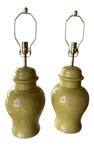 Vintage Yellow Ceramic Ginger Jar Brass Rewired Table Lamps -A Pair