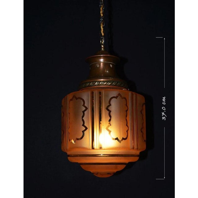 Metal Antique Art Nouveau Flame Glass and Bronze Pendant Light, 1910 For Sale - Image 7 of 18