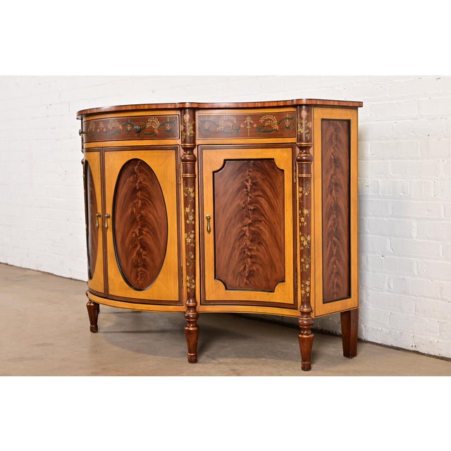 French Provincial Late 20th Century French Regency Louis XVI Inlaid Flame Mahogany Hand Painted Sideboard or Bar Cabinet For Sale - Image 3 of 13