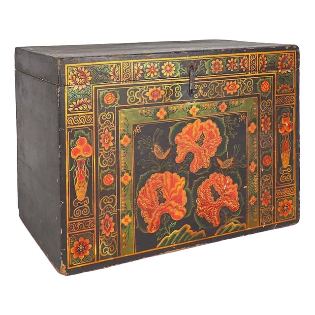 Antique Wooden Box with Illustrations of Peonies, China, 1900s For Sale
