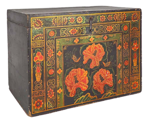 Antique Wooden Box with Illustrations of Peonies, China, 1900s