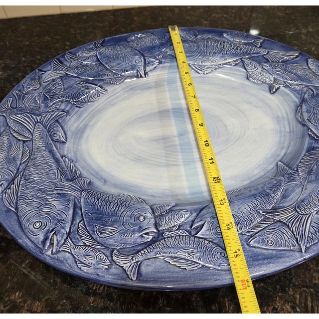 Blue Vintage Italian Azure Blue Fish Oval Majolica Platter Party Platter For Sale - Image 8 of 8