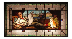 Antique Stained Glass Window With Man and Dog Motif