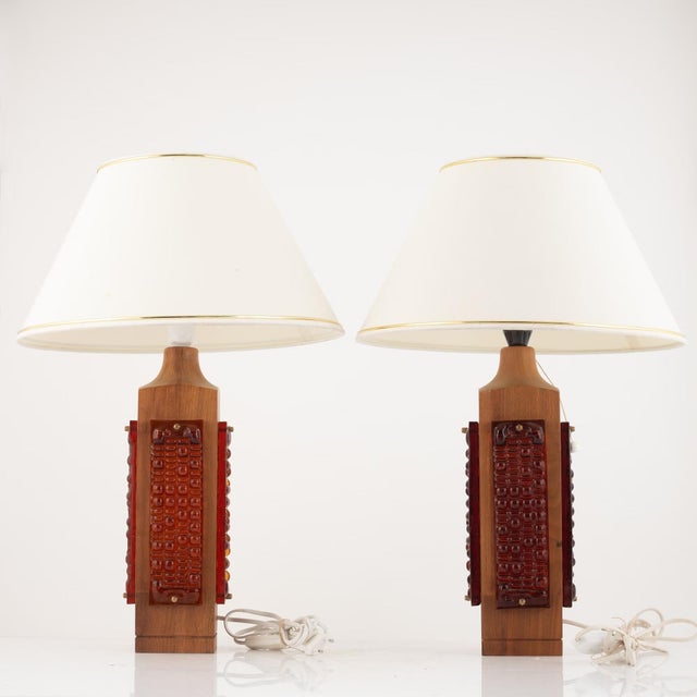 Wood Teak and Cast Glass Table Lamps from Glas & Trä Hovmantorp, Sweden, 1960s, Set of 2 For Sale - Image 7 of 7