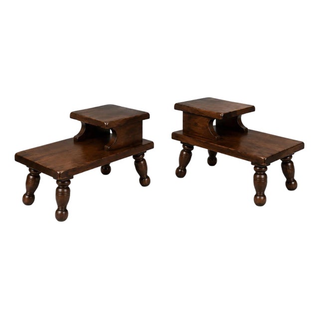 Late 20th Century Rustic Primitive Two-Tier End Tables — Pair — Refinished in Old Chapel Satin Walnut For Sale