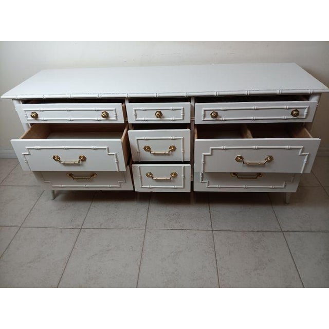 1970s Thomasville Allegro Faux Bamboo 9 Drawer Dresser Brass Hardware White Color For Sale - Image 11 of 13