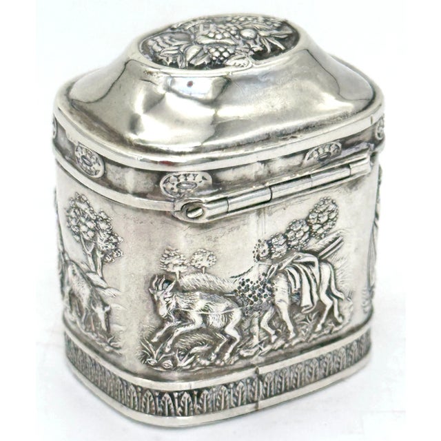 Silver Biedermeier German .800 Silver Snuff Box Domed Lid and Repoussé Pastoral Scenes For Sale - Image 8 of 12