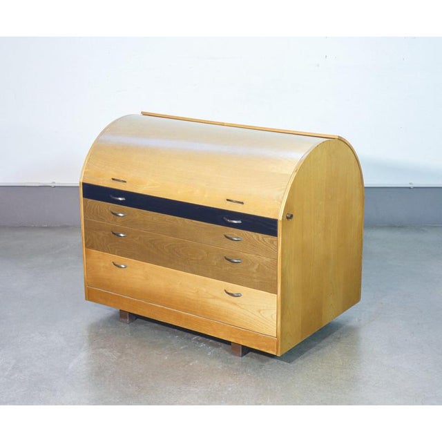 Bauletto secretaire writing desk, designed by giovanni offredi for saporiti. Roller closure, pull-out shelf, four drawers....