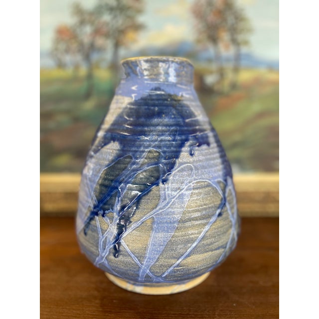 Signed Studio Art Pottery Vase With Expressive Blue Drip Glaze and Textured Stoneware Body. For Sale - Image 4 of 8