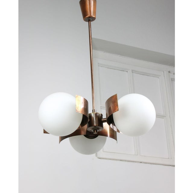 Vintage Italian Copper and Opaline Glass Chandelier For Sale - Image 15 of 18