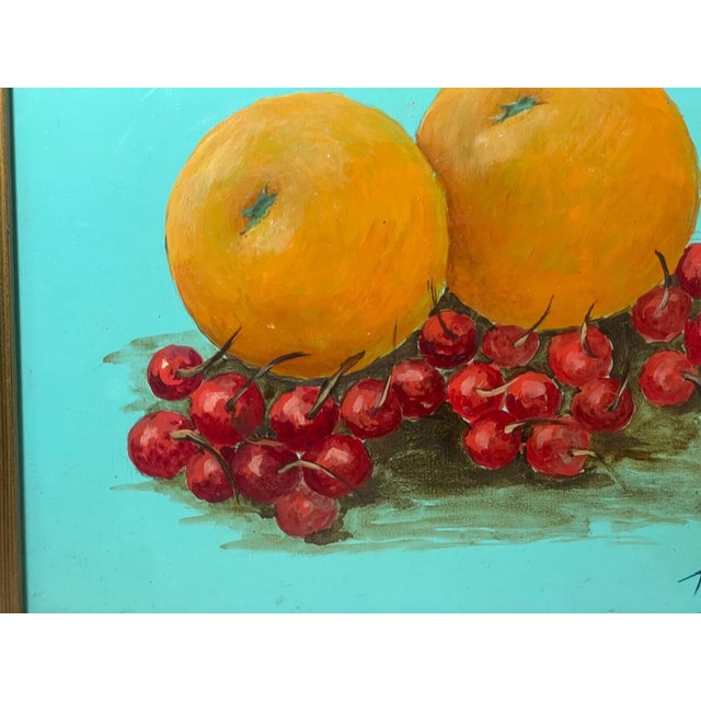 Blue Vintage H Pauquette Fruit Orange Cherry Still Life Realism Oil Painting on Board For Sale - Image 8 of 10