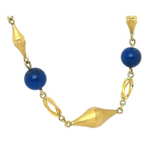 Lapis Bead Fancy Textured 14k Yellow Gold Link Necklace For Sale