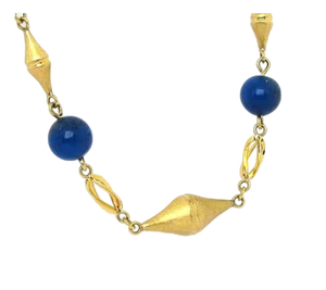 Lapis Bead Fancy Textured 14k Yellow Gold Link Necklace