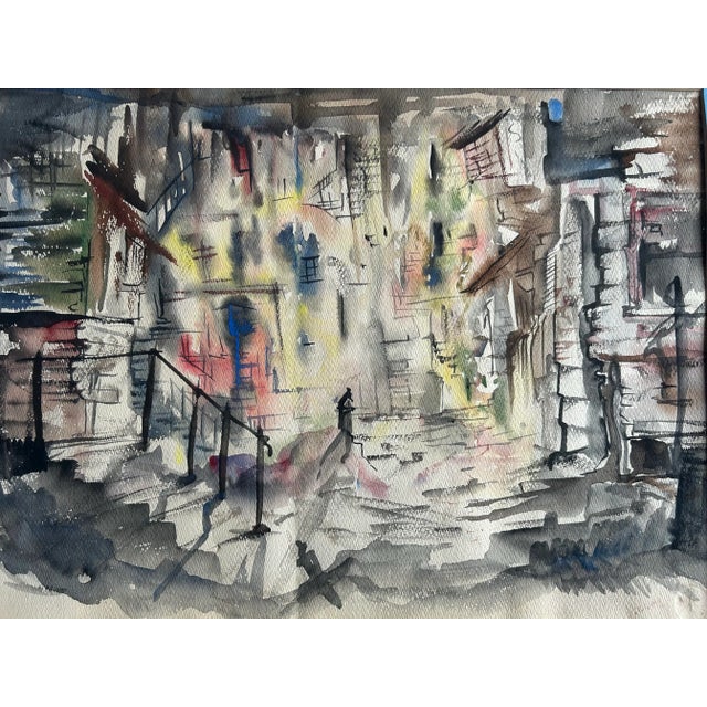 Paint Vintage 1960’s Framed Original Abstract Watercolor of a Street Scene For Sale - Image 7 of 8