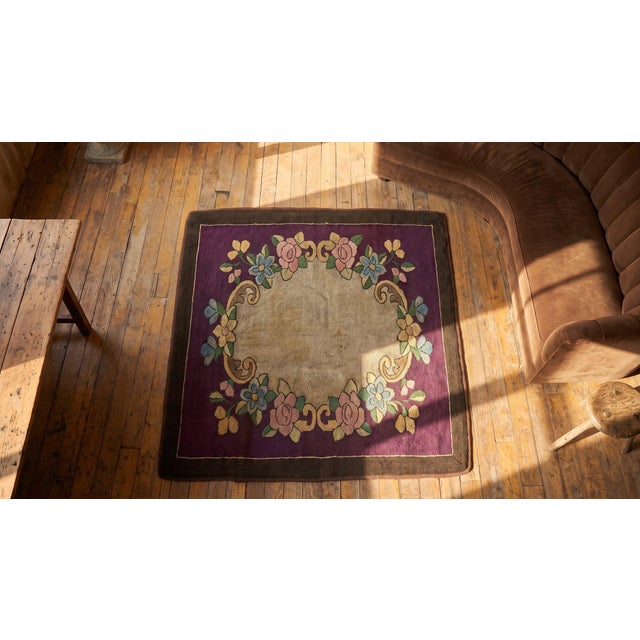 1890s Purple Medallion Floral Handmade Folk Art Antique American Hooked Rug For Sale - Image 12 of 13