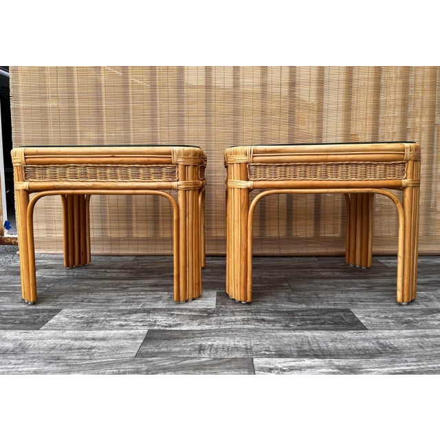 A Pair of Late 20th Century Coastal Style Weaved Rattan Side Tables. Circa 1980s For Sale - Image 4 of 13