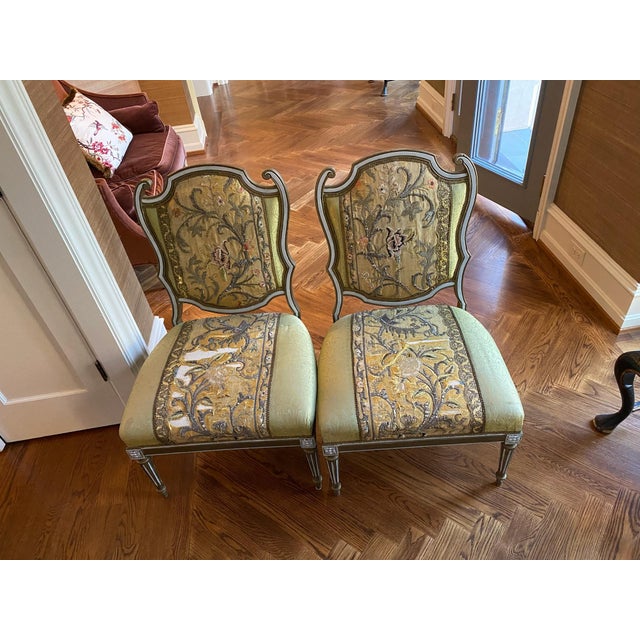 Mid 20th Century Mid 20th Century Pair of Slipper Chairs With Antique Embroidered Textiles For Sale - Image 5 of 12