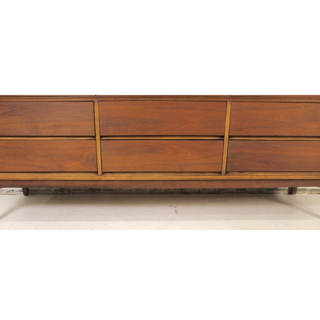 Brown Vintage Nine Drawer Walnut Dresser by Dixie Furniture Co. For Sale - Image 8 of 16
