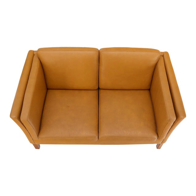 Borge Mogenson Tan Leather Loveseat Sofa Danish Mid-Century Modern For Sale
