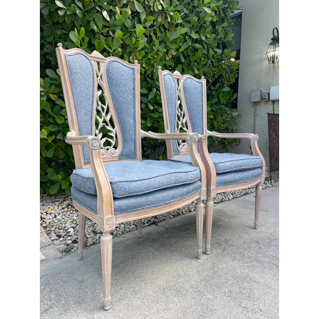 Late 20th Century French Provincial Cerused Carved Open Back Armchairs – Pair For Sale - Image 5 of 15