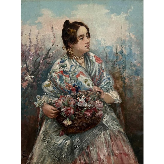 L. Rubia, Young Woman with Shawl and Basket of Flowers, Oil on Canvas, 1920s, in Restored conditions. Designed 1920 to...