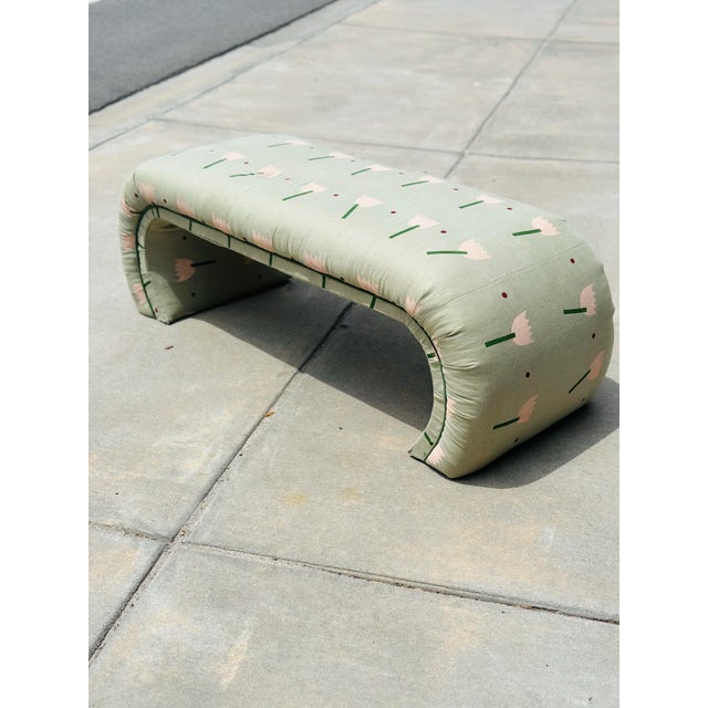 A chic vintage waterfall bench newly upholstered in hand-printed Schumacher linen, featuring a whimsical tulip motif in...