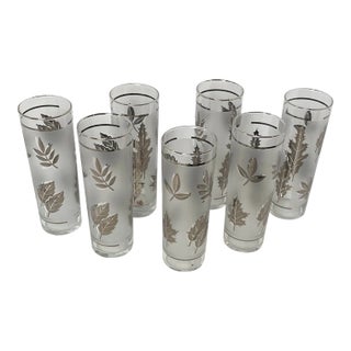 Vintage Libbey Silver Foliage Highball Glasses – Set of 7 Frosted Mid-Century Cocktail Collins Barware For Sale