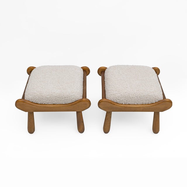 Pair of stools in beech wood and Boucle fabric, completely restored and reupholstered, the style is very reminiscent of...