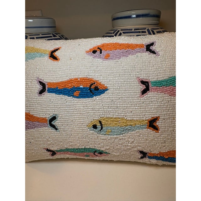 Blue Palm Beach Preppy Beaded Sardine Fish Lumbar Accent Pillow For Sale - Image 8 of 14