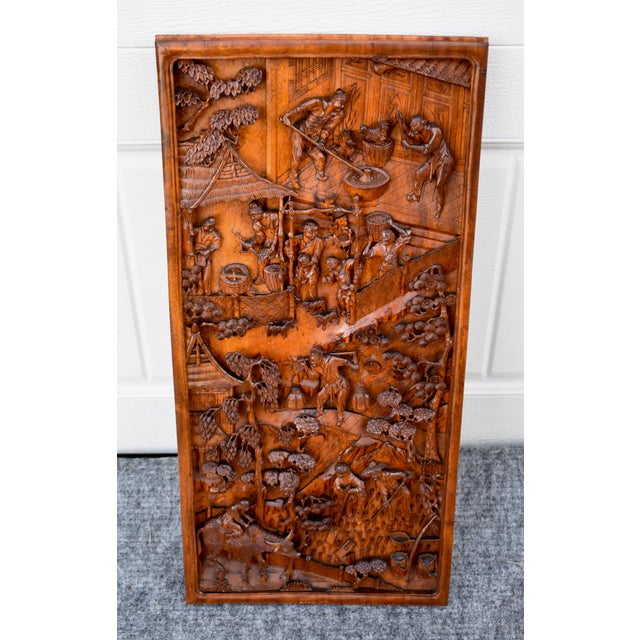 Chinese Antique Chinese Hand Carved Wood Relief Wall Panel Plaque Figural Rural Life For Sale - Image 3 of 13