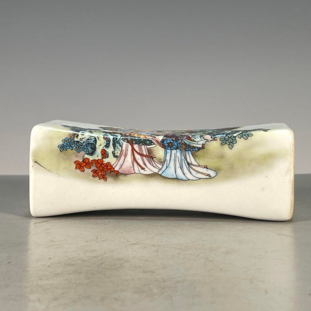 Traditional Vintage Famille Rose Porcelain Pillow / Wrist Rest – Ladies & Floral Motif, Qianlong Mark For Sale - Image 3 of 9