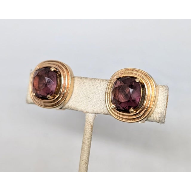 Vintage 1980s Signed Henkel & Grosse Goldtone Faux-Amethyst Clip Earrings-2 Pieces For Sale - Image 4 of 10