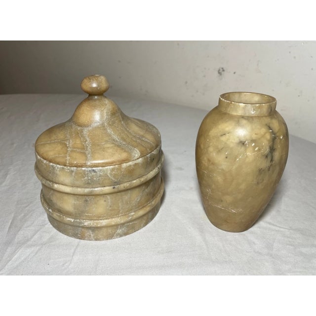 1920s 2 Antique Handmade Carved White Alabaster Stone Table Articles Vase Lidded Jar For Sale - Image 5 of 9