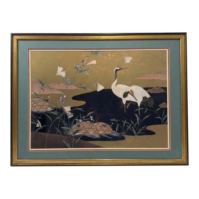 Late 20th Century Japanese Crane & Morning Glory Print by Turtle and Crane - Styled After James Mont & Tony Duquett For Sale