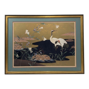 Late 20th Century Japanese Crane & Morning Glory Print by Turtle and Crane - Styled After James Mont & Tony Duquett