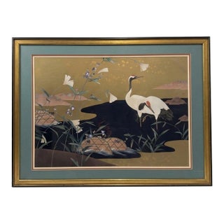Late 20th Century Japanese Red-Crowned Crane Morning Glory Print, Framed For Sale