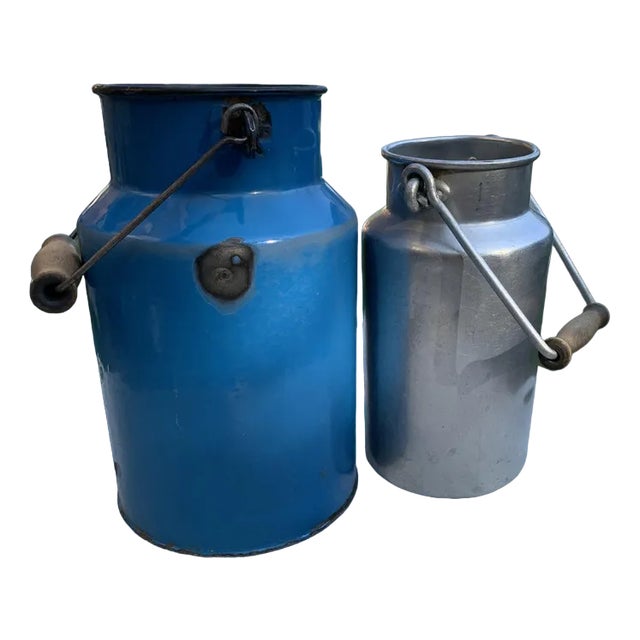 Blue and Aluminum Milk Cans, 1950s, Set of 2 For Sale