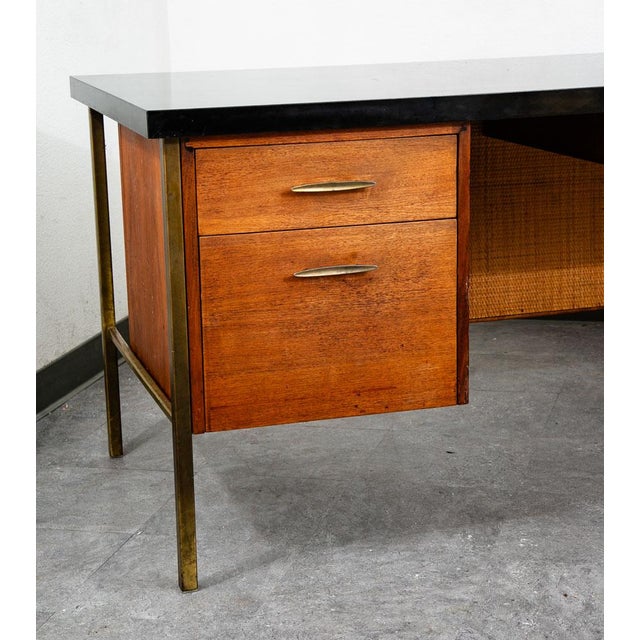 Mid Century Modern Desk Executive L Shaped Cane Walnut Large Black File Drawers For Sale - Image 10 of 12