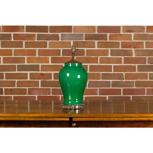 Early 21st Century Contemporary Green Porcelain Table Lamp with Discreet Crackle Finish on Lucite Base For Sale - Image 5 of 11