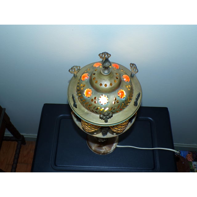 Vintage Moroccan Middle Eastern Turkish Jeweled Brass Table Lamp Marble Base For Sale - Image 9 of 16