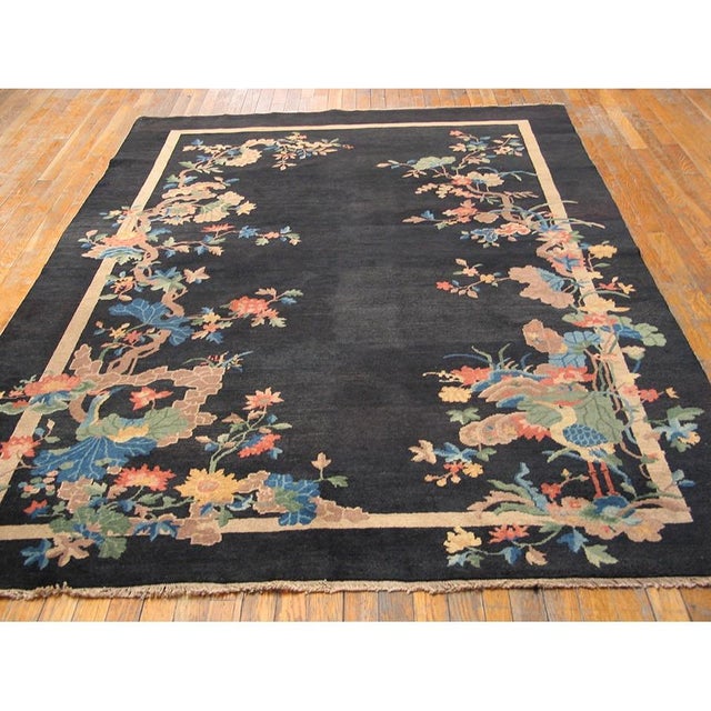 1920s 1920s Black Solid Crane Floral Antique Chinese Art Deco Rug 5'7x8'4 Wool Carpet For Sale - Image 5 of 7