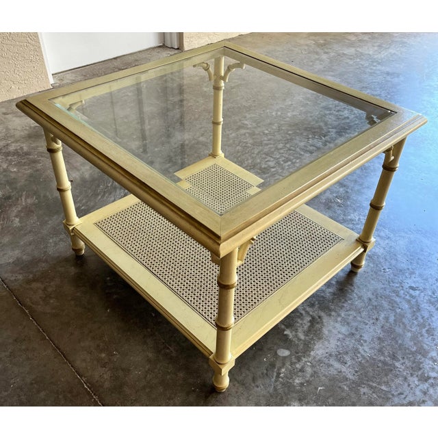 Glass 1970s Chinoiserie Faux Bamboo Fretwork and Cane Square Coffee Table For Sale - Image 7 of 13